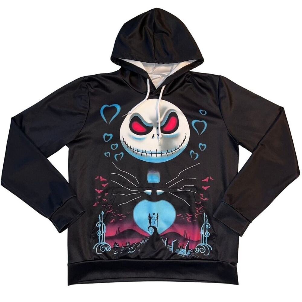 Jack Skellington Inspired Hoodie Unisex Black Graphic Pullover Sweatshirt Medium